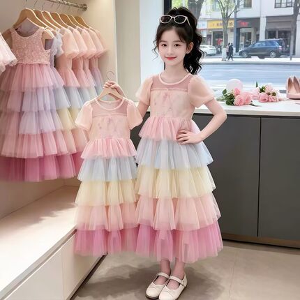 女童渐变裙子夏季2026新款儿童甜美连衣裙女孩夏装网纱蛋糕裙洋气