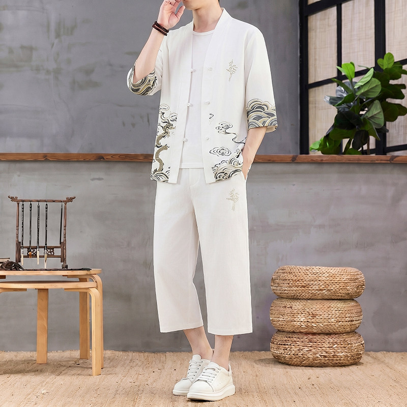新中式男士套装夏季新款薄款潮流印花短袖衬衣七分裤唐装两件套潮