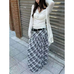 实体档口2026新款 复古撞色格纹A字半身裙女高腰显瘦毛边裙学院风