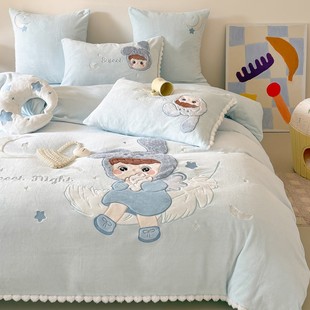 他她爱冬季牛奶绒儿童四件套加绒款被套三件套可爱女孩短毛绒面床