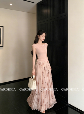 Gardenia 浪漫晕染印花肌理感褶皱半裙女温柔立体绣花针织衫套装