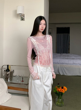 设计感网纱印花系带拼接长袖T恤