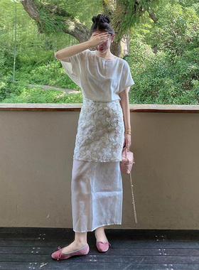 Gardenia 简约风气质白色短袖上衣女夏季高腰拼接半身裙两件套潮