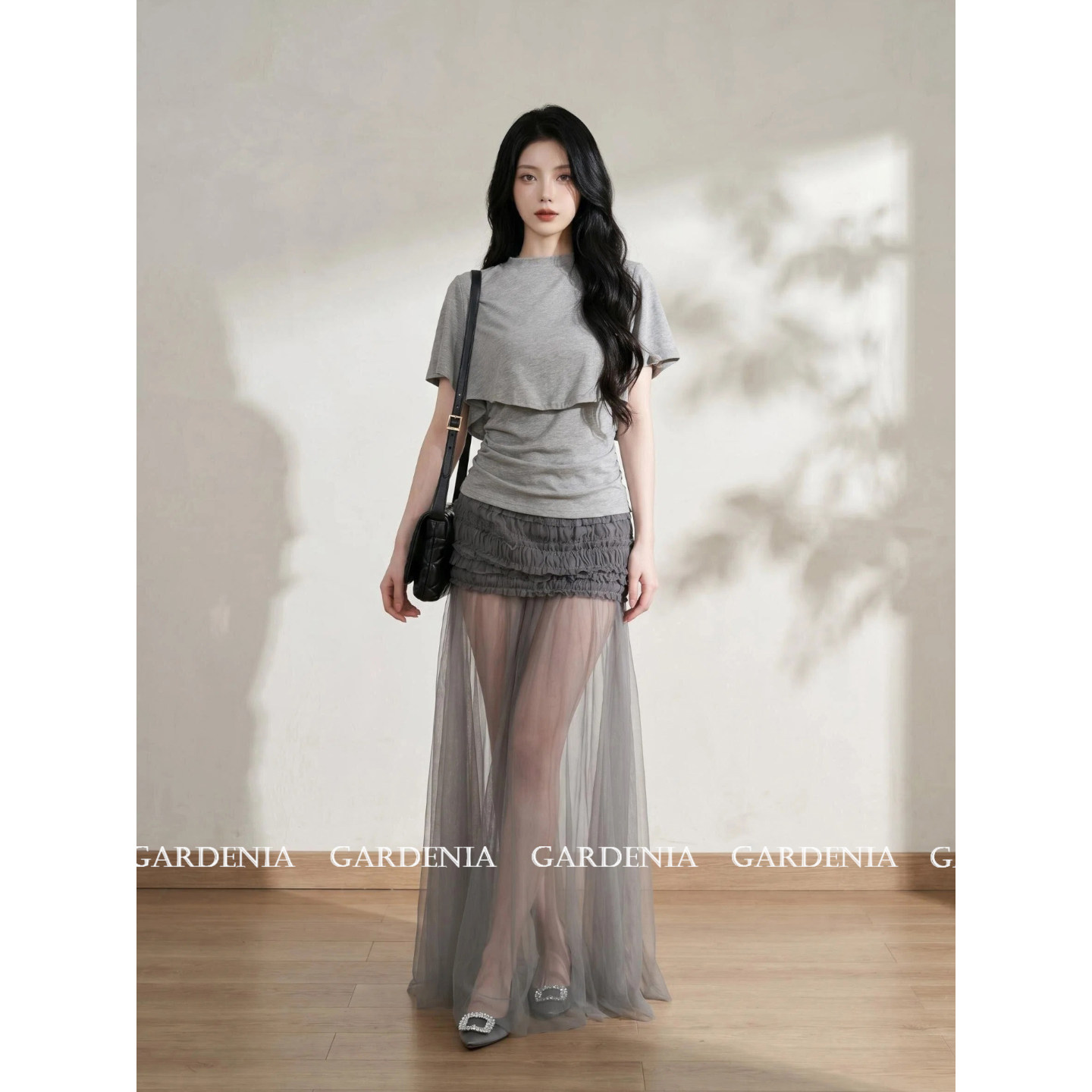 Gardenia 韩系灰色披肩多穿式上衣女气质褶皱垂坠网纱半身裙套装