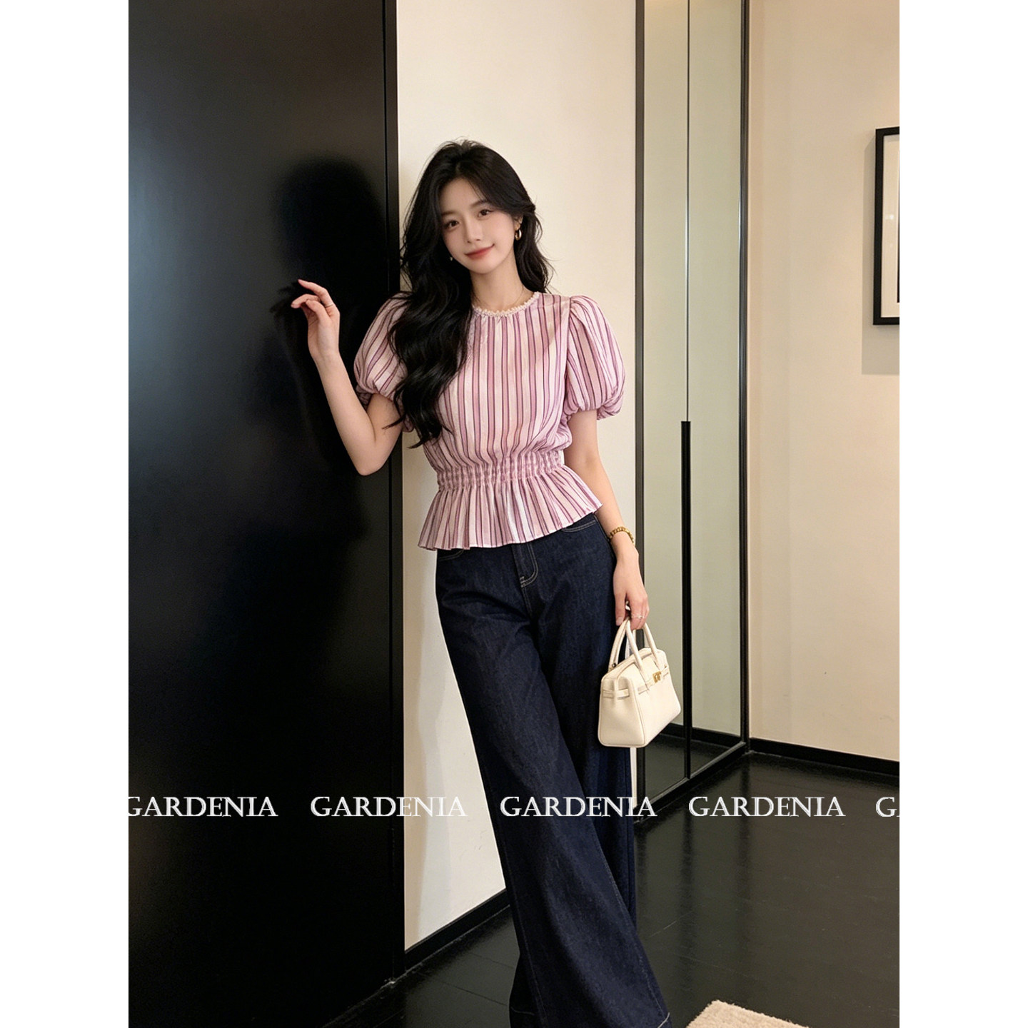 Gardenia 韩系甜美泡泡袖条纹花边圆领衬衫女夏季薄款收腰娃娃衫