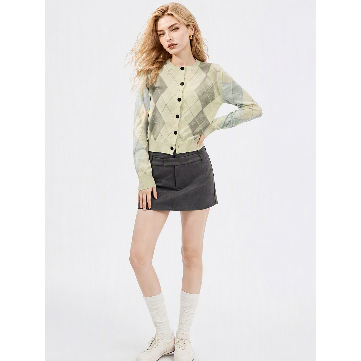 Gardenia miu系少女感撞色格纹提花针织开衫女复古学院风短款毛衣