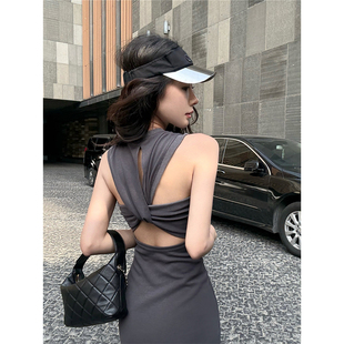 Gardenia 性感纽结露背无袖背心连衣裙女纯色修身显瘦包臀长裙子