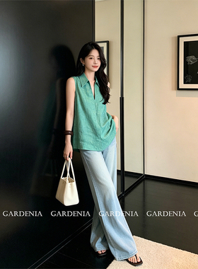 Gardenia 复古松弛老钱风亚麻翻V领无袖衬衫女慵懒风廓形百搭上衣