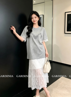 Gardenia 韩系慵懒风灰色蕾丝拼接短袖T恤女夏季复古休闲宽松上衣