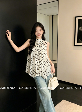 Gardenia 法式米白色波点飘带挂脖无袖上衣女韩系复古甜美雪纺衫