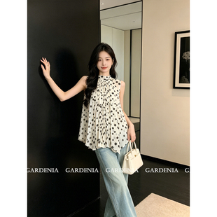 Gardenia 法式米白色波点飘带挂脖无袖上衣女韩系复古甜美雪纺衫