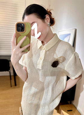 Gardenia 小众立体花朵装饰Polo领针织衫女宽松休闲显瘦百搭上衣