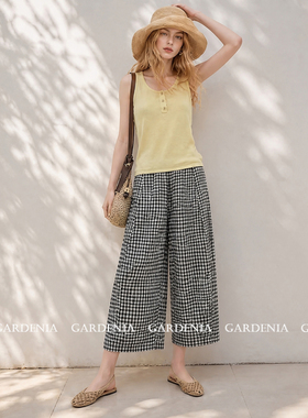 Gardenia 韩系复古休闲黄色U领无袖小背心女夏季慵懒百搭针织上衣
