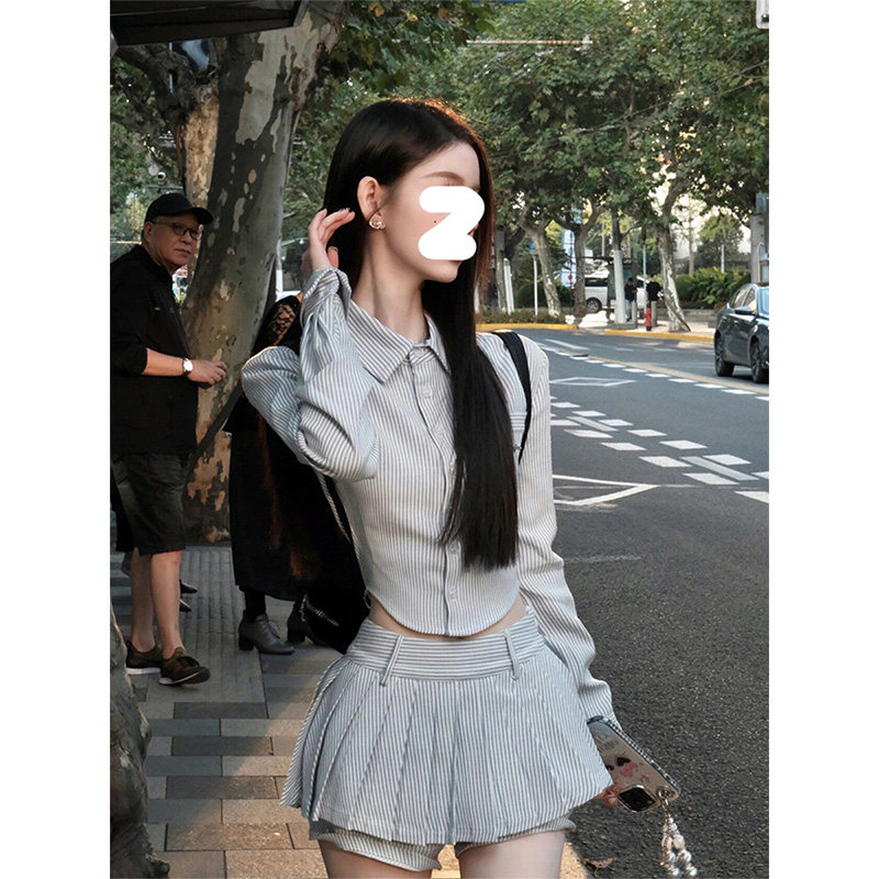 Gardenia 美式学院风条纹长袖衬衫上衣女辣妹高腰百褶裙裤两件套