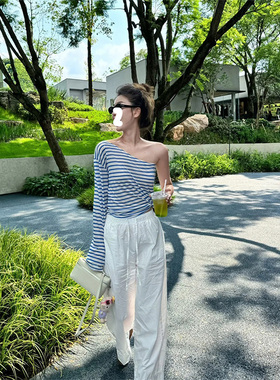 Gardenia 韩系经典条纹斜肩单长袖T恤女春夏微透修身显瘦内搭上衣