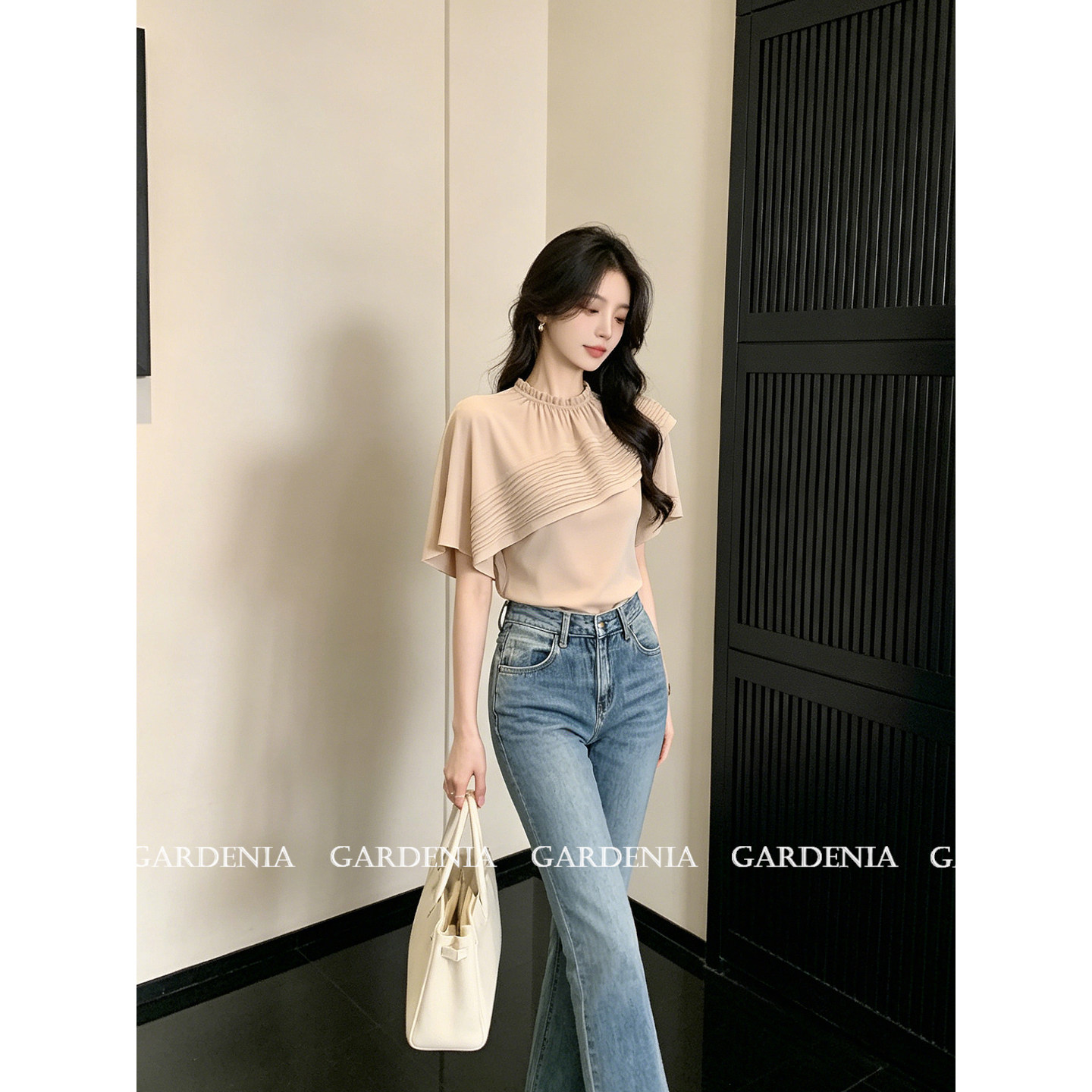 Gardenia 气质不对称荷叶边褶皱斗篷短袖上衣女法式杏色雪纺衬衫