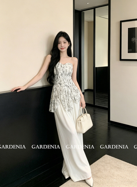 Gardenia 绝美氛围感荷叶边印花抹胸上衣女温柔碎花褶皱无袖背心