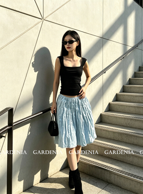 Gardenia 复古蓝色塑形褶皱蕾丝边半身裙女小众百搭高腰中长伞裙