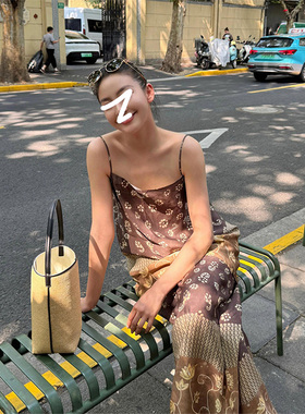 Gardenia 波西米亚风拼色印花吊带背心女小众松紧收腰阔腿裤套装
