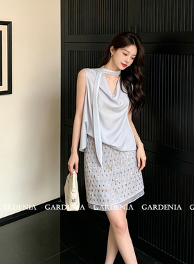 Gardenia 法式气质飘带荡领无袖上衣女设计感亮片A字半身裙两件套