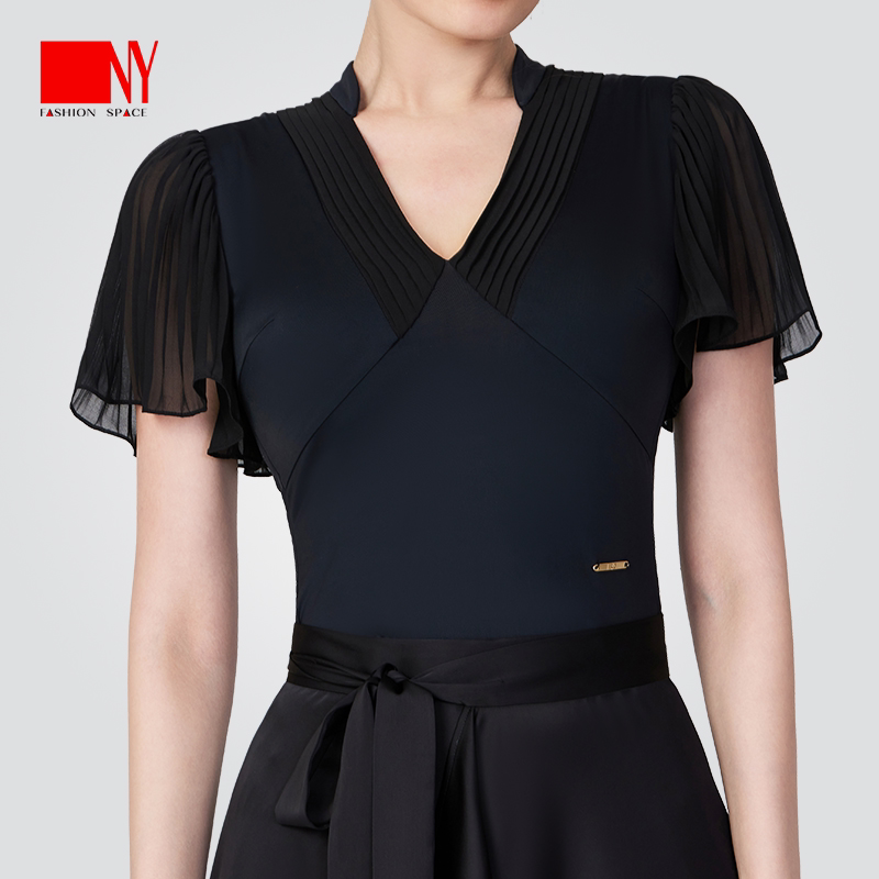 NY纳艺练习服上衣时尚拼接短袖国标舞拉丁舞摩登舞女士黑色上衣