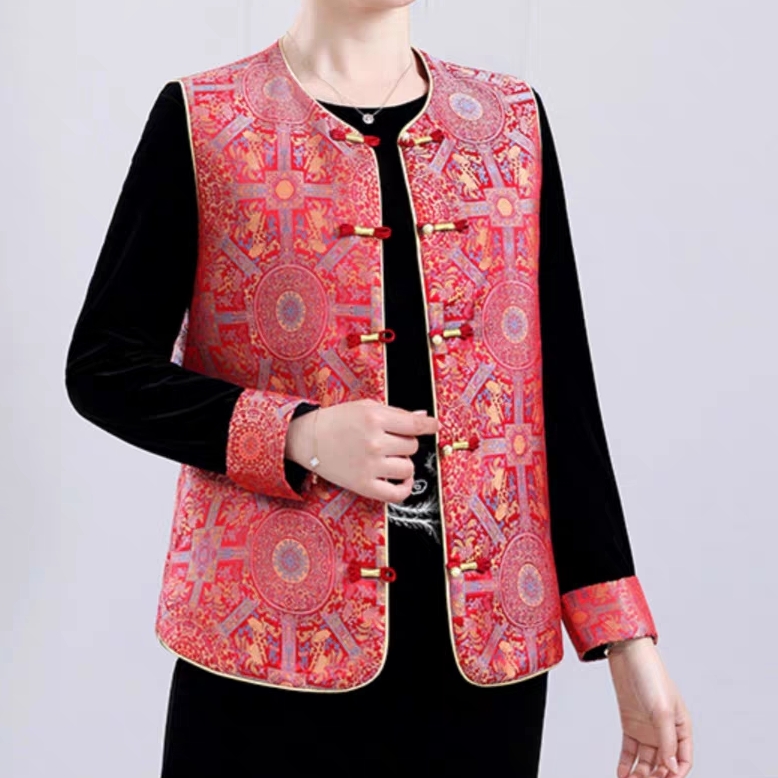 新国风盘扣时尚洋气圆领红色本命年织锦缎马甲外套女宽松显瘦百搭