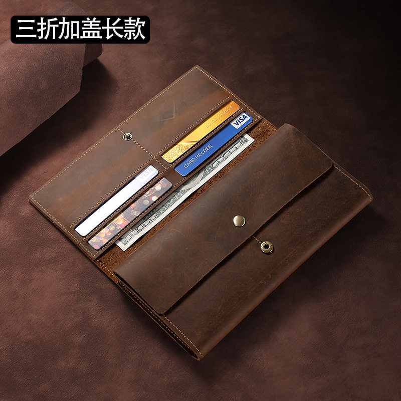 疯马牛皮男士长中短款钱包油浸皮多卡位真皮美金钱夹长款三折复古