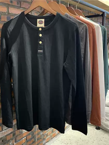 Pure Cotton Three-Button Henry Collar Long-Sleeve T-Shirt for Men, Spring and Autumn Loose-Fitting Base Shirt, American-Style Casual Top