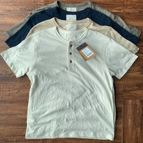 外贸亨利衫美式棉麻短袖男