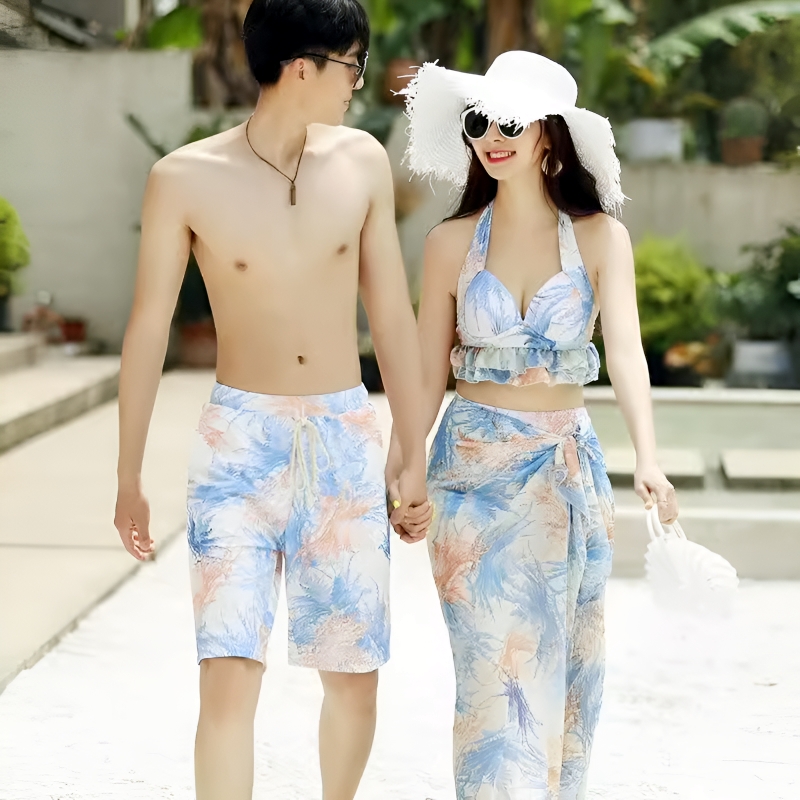 新款情侣泳衣比基尼钢托聚拢三件套裙式性感花色显瘦沙滩温泉泳装