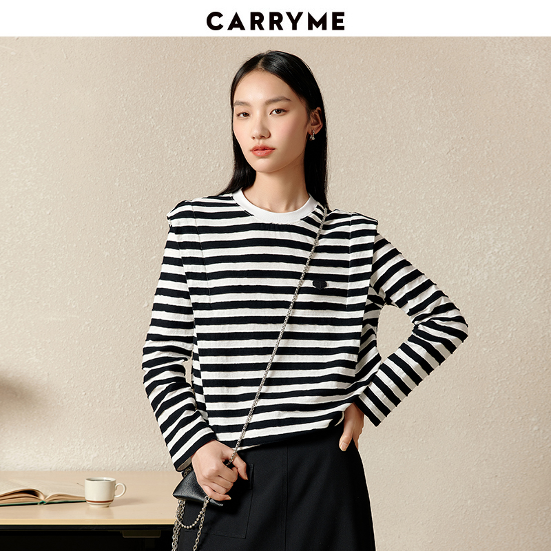 CARRY ME/嘉蜜条纹立肩长袖2023秋新款纯棉宽松百搭设计