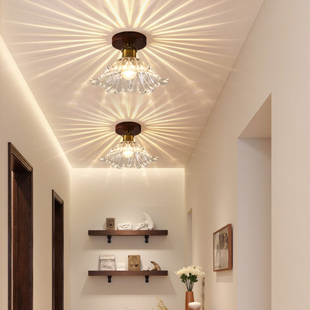 中古风过道灯玄关灯铁艺玻璃花形吸顶灯轻奢复古走廊阳台入户灯具