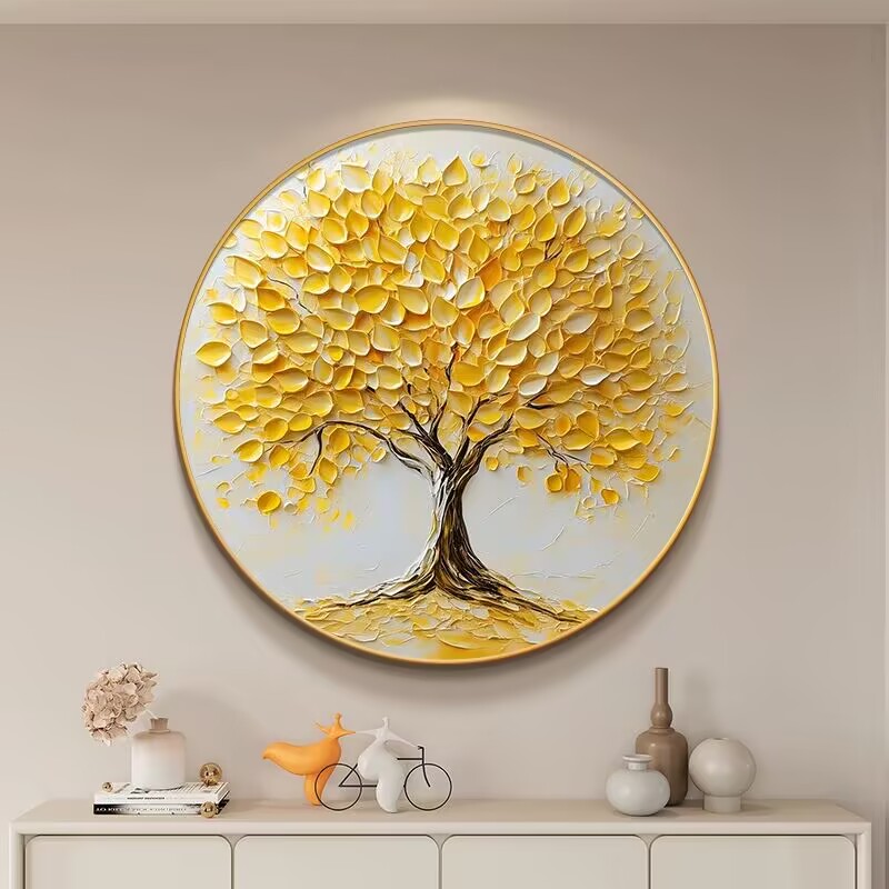 发财树入户画正对门旺运现代简约金色摇钱树高级感圆形玄关装饰画图片