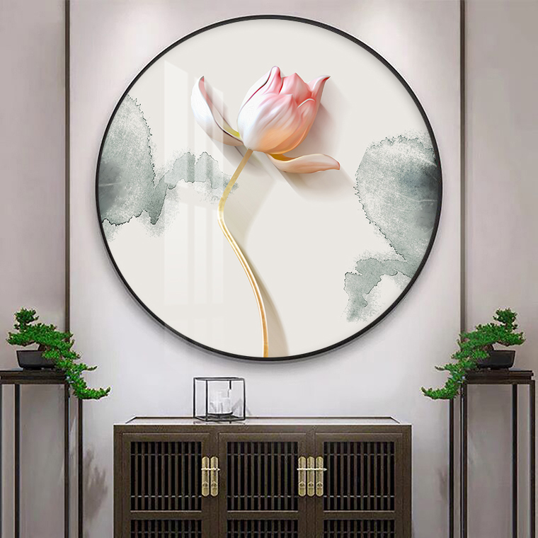 新中荷花圆形式装饰画中国风电视背景墙茶室禅意挂画玄关餐厅壁画图片
