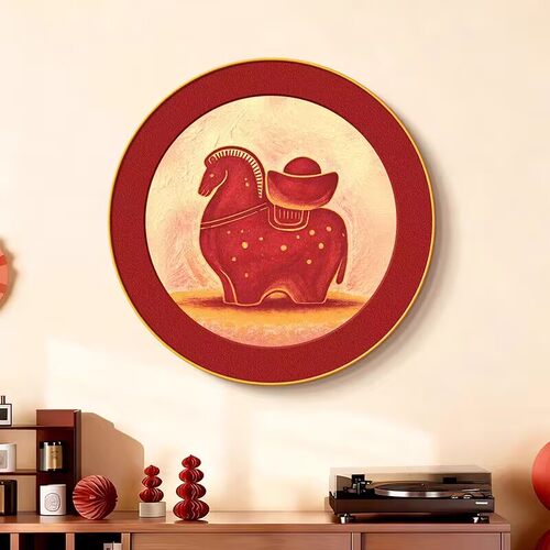 招财马圆形装饰画2026新款入户门玄关挂画柿柿如意喜庆新年餐厅画