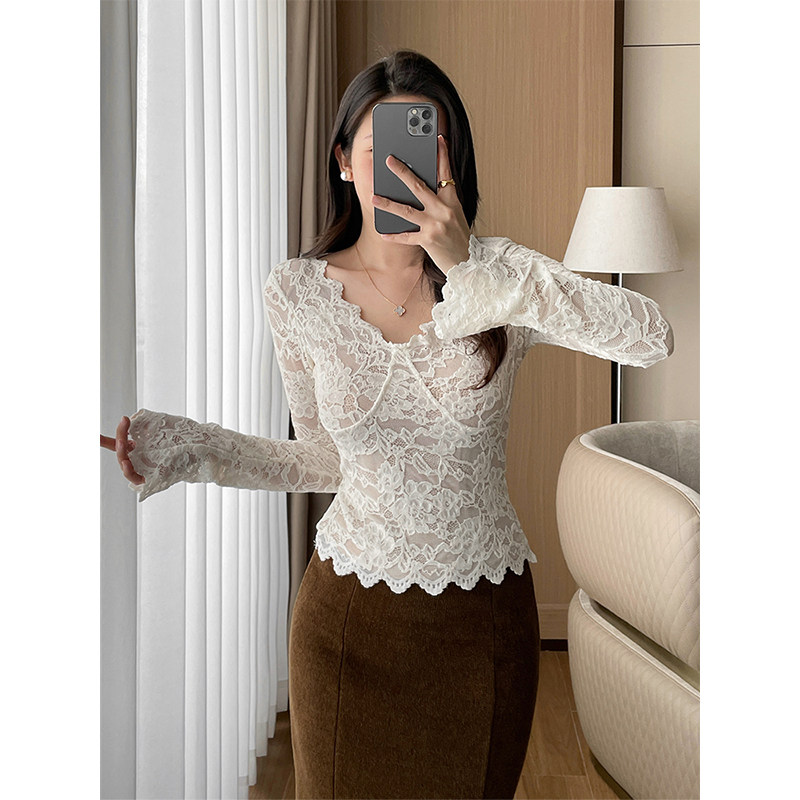 雪尼尔蕾丝加绒加厚上衣女冬季纯欲性感V领带胸垫修身显瘦打底衫,女装/女士精品,蕾丝衫/雪纺衫,淘宝优惠券,粉丝福利购,淘宝优惠卷