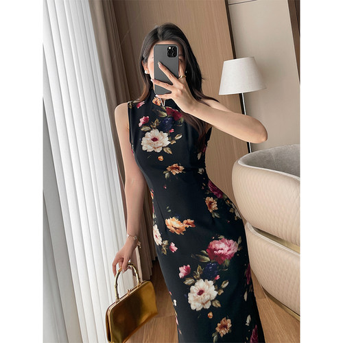 绝美印花国风旗袍连衣裙女夏新款复古新中式立领无袖收腰修身长裙