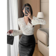 上衣女春季 内搭打底衫 新款 修身 名媛风V领喇叭袖 白色加绒蕾丝衫