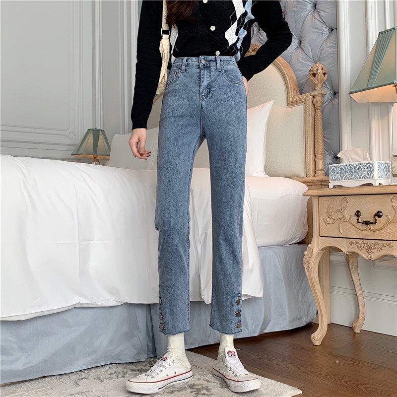Real price: early spring 2021 new Korean High Waist Stretch SLIM STRAIGHT split Capris jeans