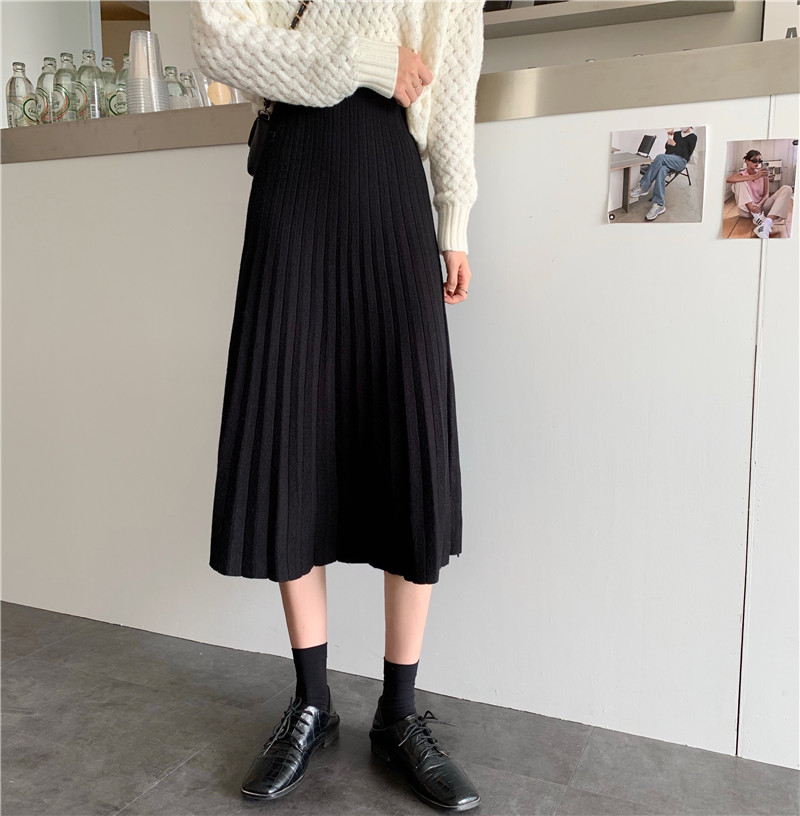 Real price ~ high waist A-line versatile show thin medium length pleated skirt knitted skirt
