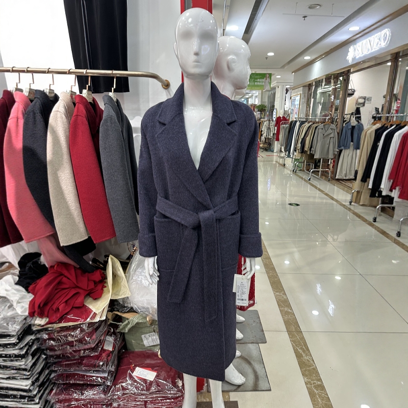 双面羊绒大衣西装领系带中长外套