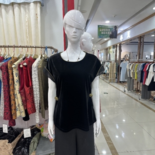 夏季新款短袖时尚高端年轻中年妈妈桑蚕丝真丝金丝绒上衣宽松小衫