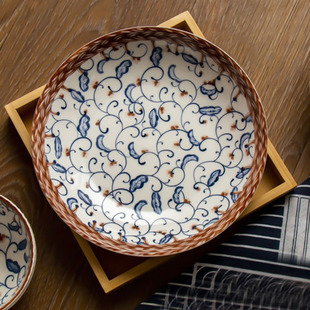 日系陶瓷饭盘圆形盘子八寸釉下彩餐具套装家用菜盘深盘点心水果盘