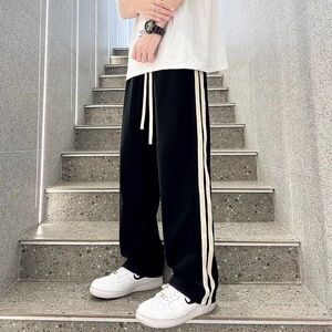 春秋季运动卫裤子男港风潮流百搭直筒裤潮学生条纹拼接拖地阔腿裤