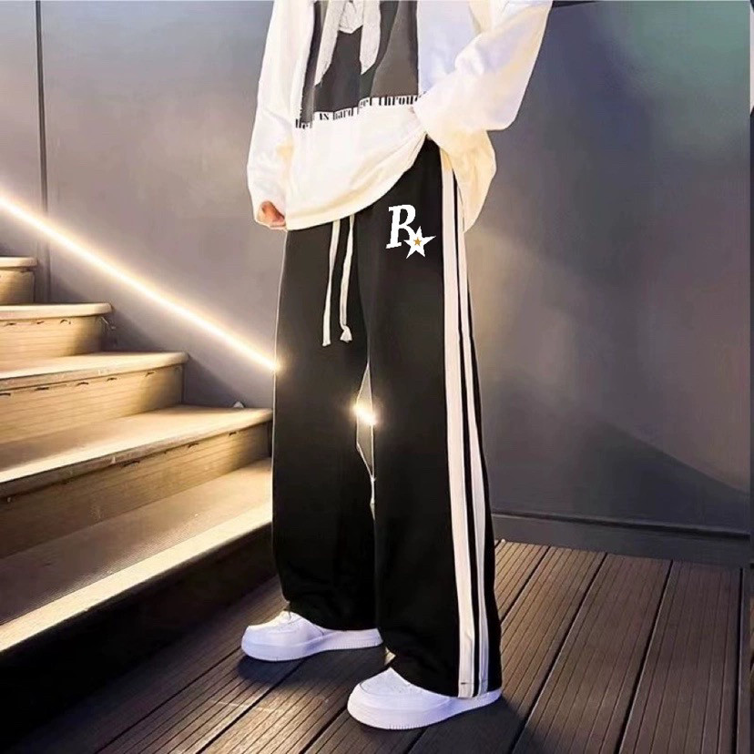 秋季裤子男美式高街hiphop条纹运动裤青少年宽松百搭直筒阔脚卫裤,男装,卫裤,淘宝优惠券,粉丝福利购,淘宝优惠卷