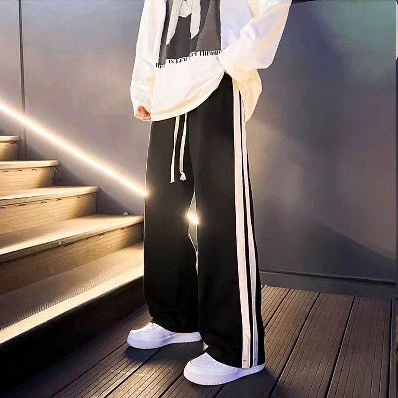 运动卫裤子男春秋季美式高街百搭直筒裤潮学生侧边条纹阔腿裤长裤