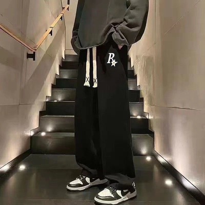 美式复古高街学生休闲运动卫裤男士阔腿裤垂感宽松直筒拖地长裤子