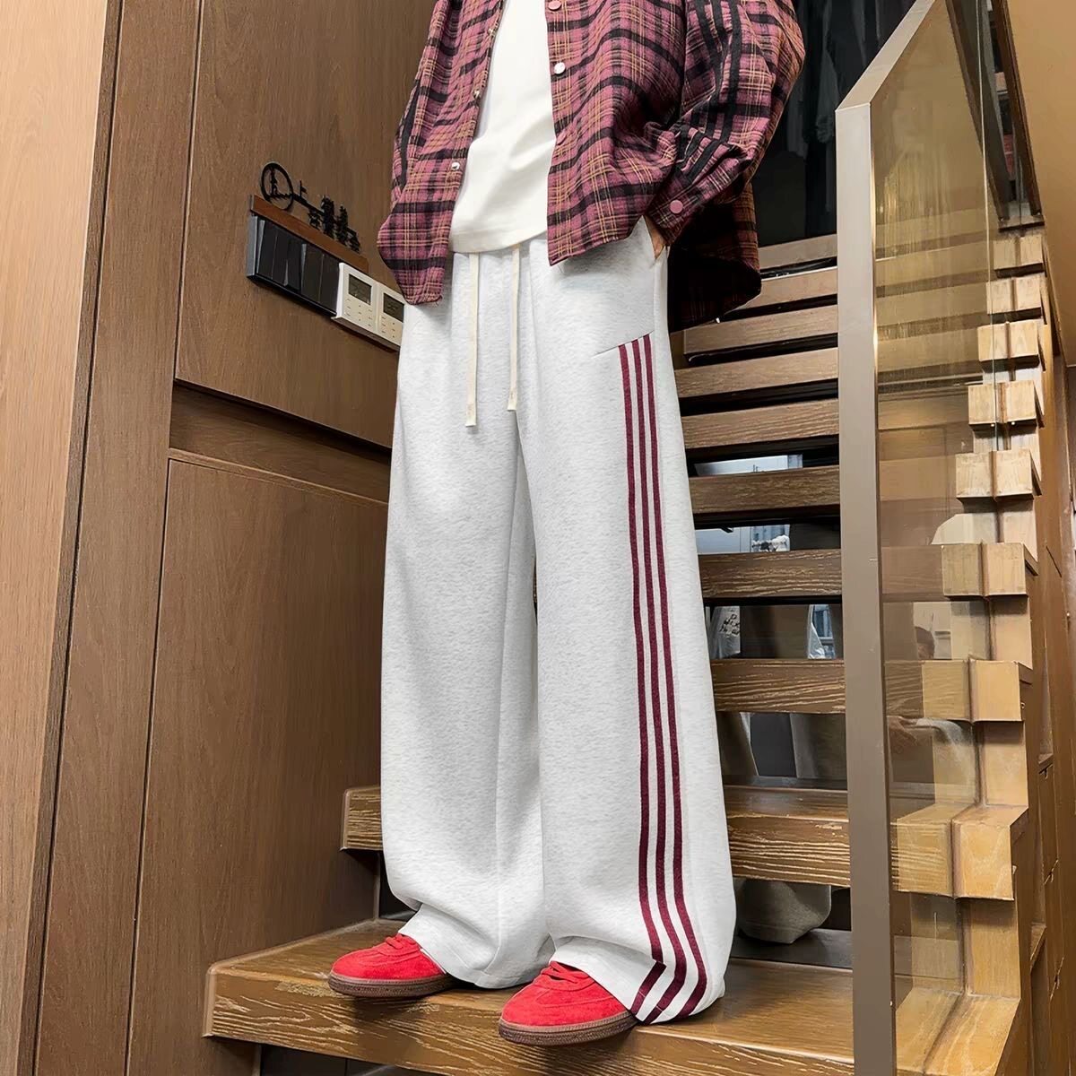 美式条纹拼接休闲裤子男士春秋款宽松百搭直筒运动拖地阔脚长裤