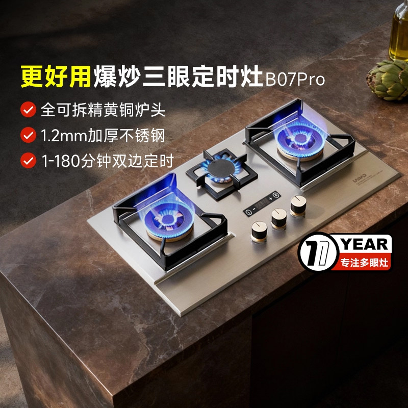 德国LAIMD莱梅德猛火三眼燃气灶家用天然气灶台嵌两用不锈钢面板