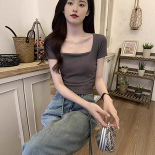 美式辣妹修身方领短袖T恤女2025夏季新款韩版时尚百搭短款上衣潮